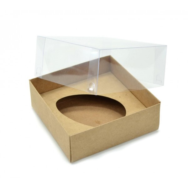 Ref 003 Kraft - Caixa Ovo Virado 250gr. c/ tampa Transparente ALTA - 14x14x6 cm