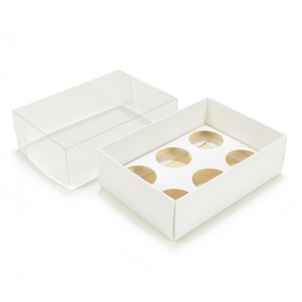 Ref 019 Branca - Caixa p/ 6 Brigadeiro Gourmet Nº4 - c/ tampa transparente ALTA - 13x9x5,2 cm