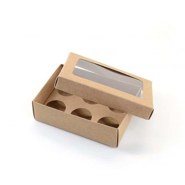 Ref 019 Kraft - Caixa p/ 6 Brigadeiro Gourmet Nº4 - c/ visor na tampa - 13x9x4 cm