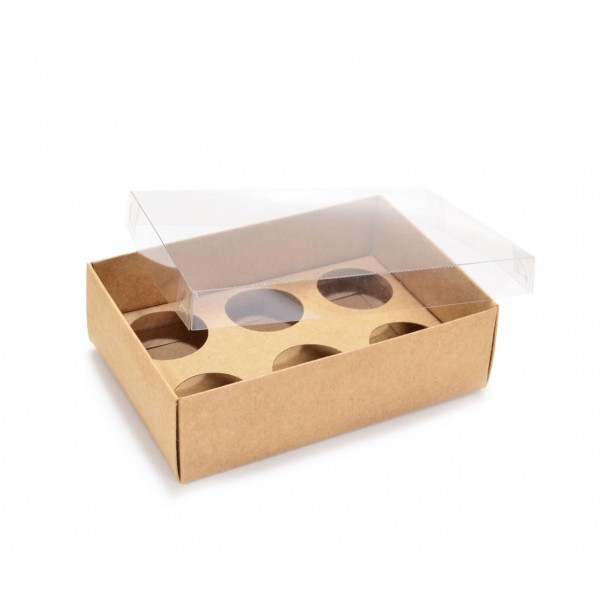 Ref 019 Kraft - Caixa p/ 6 Brigadeiro Gourmet Nº4 - c/ tampa transparente BAIXA - 13x9x4 cm