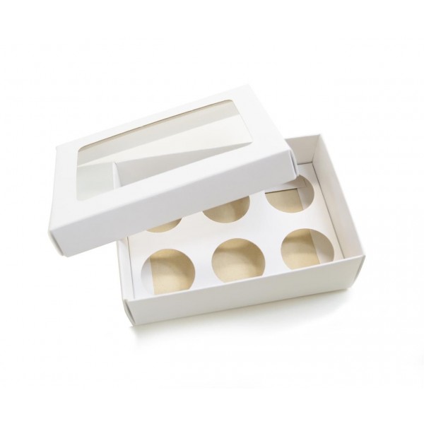 Ref 019 Branca - Caixa p/ 6 Brigadeiro Gourmet Nº4 - c/ visor na tampa - 13x9x4 cm