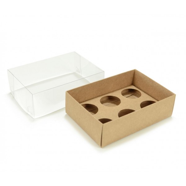 Ref 019 Kraft - Caixa p/ 6 Brigadeiro Gourmet Nº4 - c/ tampa transparente ALTA - 13x9x5,2 cm