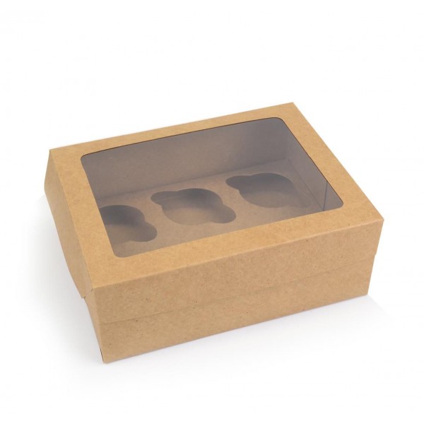 Ref 102 Kraft - Caixa 6 Cupcakes c/ Visor Transparente - 24x18,5x9 cm