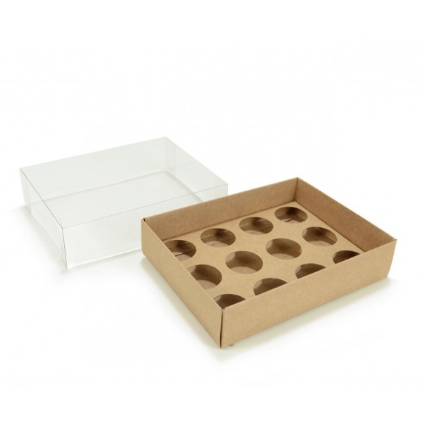 Ref 043 Kraft - Caixa p/ 12 Brigadeiro Gourmet Nº4 - c/ tampa transparente ALTA - 17x13x5,2 cm