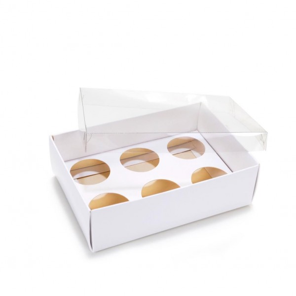Ref 019 Branca - Caixa p/ 6 Brigadeiro Gourmet Nº4 - c/ tampa transparente BAIXA - 13x9x4 cm