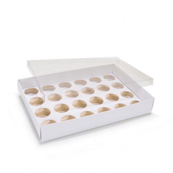 Ref 049 Branca - Caixa p/ 24 Brigadeiro Gourmet Nº4 - c/ tampa transparente BAIXA - 25x17x4 cm