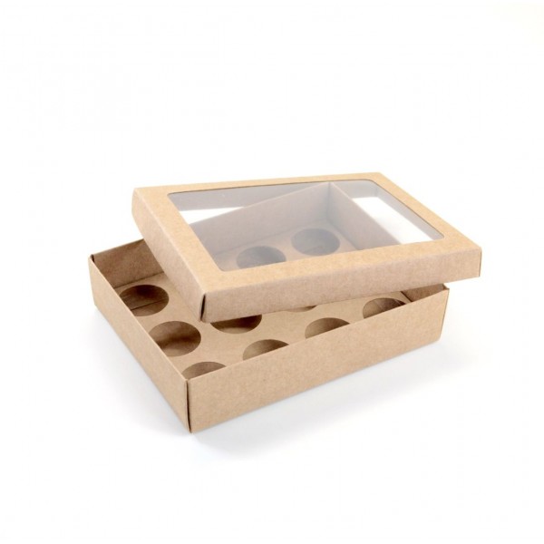 Ref 043 Kraft - Caixa p/ 12 Brigadeiro Gourmet Nº4 - tampa c/ visor - 17x13x4 cm