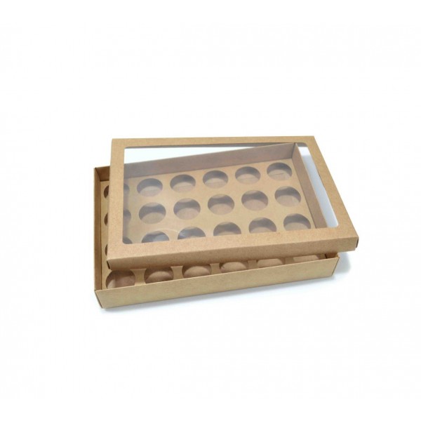 Ref 049 Kraft - Caixa p/ 24 Brigadeiro Gourmet Nº4 - c/ visor na tampa - 25x17x4 cm