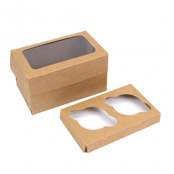 Ref 020 Kraft - Caixa 2 Cupcakes c/ Visor Transparente - 16x10x9 cm