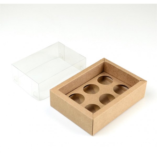 Ref 139 Kraft ALTA - Caixa c/ tampa Transparente p/ 6 Brigadeiro Gourmet Nº4 - 13x9x5,5 cm
