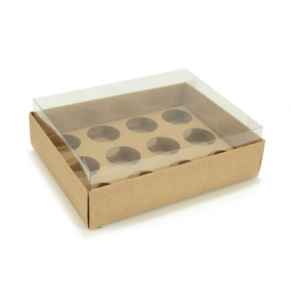 Ref 043 Kraft - Caixa p/ 12 Brigadeiro Gourmet Nº4 - c/ tampa transparente ALTA - 17x13x5,2 cm