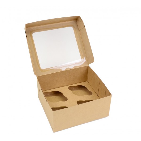 Ref 079 Kraft - Caixa 4 Cupcakes c/ Visor Transparente - 18,5x16,5x9 cm