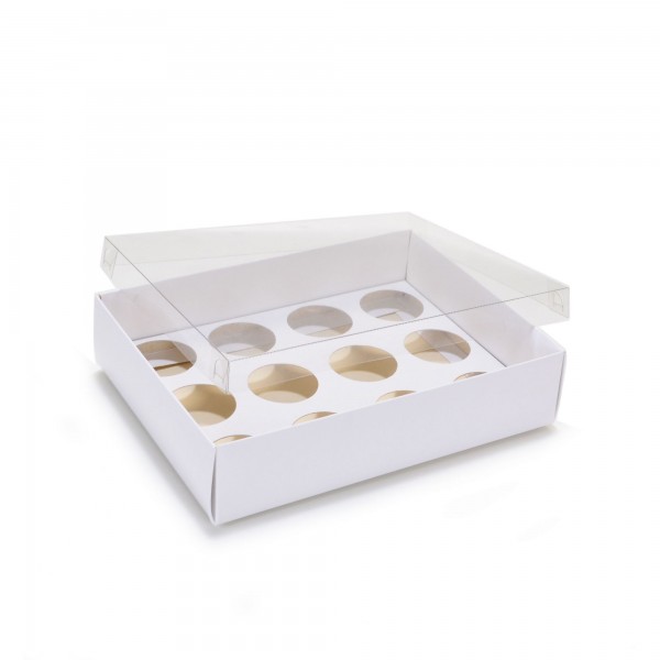 Ref 043 Branca - Caixa p/ 12 Brigadeiro Gourmet Nº4 - c/ tampa transparente BAIXA - 17x13x4 cm