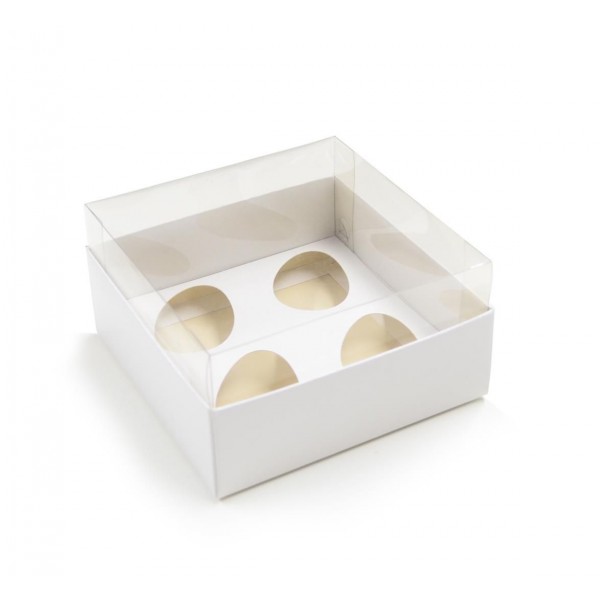 Ref 003 Branca - Caixa 4 Ovos 50gr. c/ tampa Transparente ALTA - 14x14x5 cm