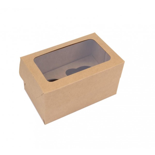 Ref 020 Kraft - Caixa 2 Cupcakes c/ Visor Transparente - 16x10x9 cm