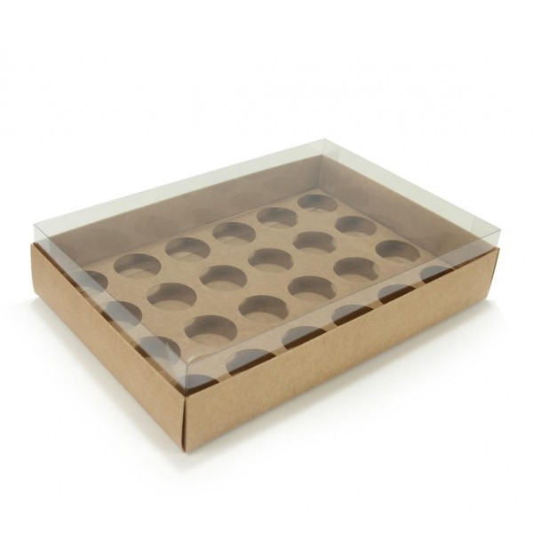 Ref 049 Kraft - Caixa p/ 24 Brigadeiro Gourmet Nº4 - c/ tampa transparente ALTA - 25x17x5,2 cm
