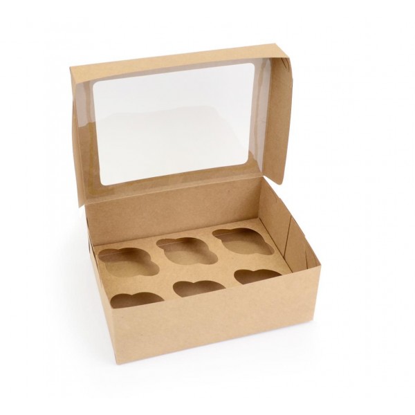 Ref 102 Kraft - Caixa 6 Cupcakes c/ Visor Transparente - 24x18,5x9 cm