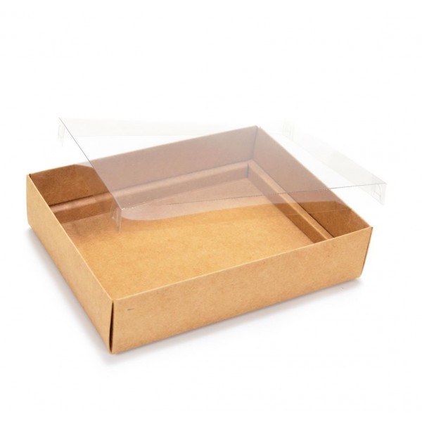 Ref 043 Kraft - Caixa p/ 12 Brigadeiro Gourmet Pelotines - c/ tampa transparente BAIXA - 17x13x4 cm