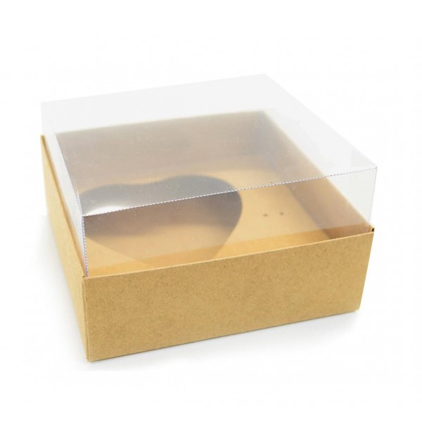 Ref 003 Kraft - Caixa Coração 200gr. c/ tampa Transparente ALTA - 14x14x6 cm