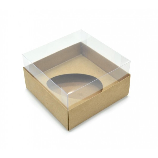 Ref 003 Kraft - Caixa Ovo Virado 250gr. c/ tampa Transparente ALTA - 14x14x6 cm
