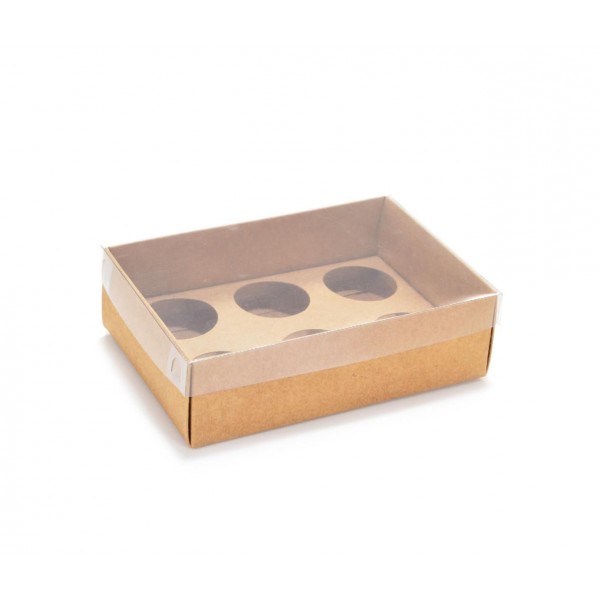 Ref 019 Kraft - Caixa p/ 6 Brigadeiro Gourmet Nº4 - c/ tampa transparente BAIXA - 13x9x4 cm