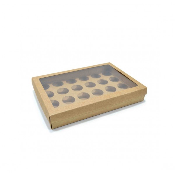 Ref 049 Kraft - Caixa p/ 24 Brigadeiro Gourmet Nº4 - c/ visor na tampa - 25x17x4 cm