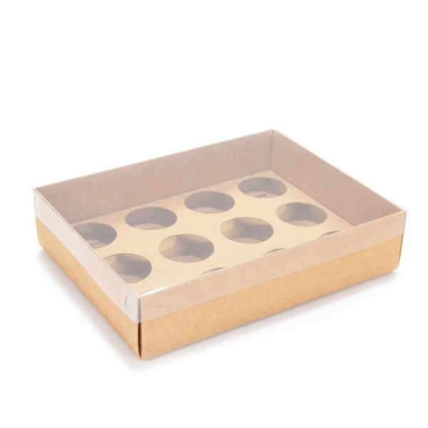 Ref 043 Kraft - Caixa p/ 12 Brigadeiro Gourmet Nº4 - c/ tampa transparente BAIXA - 17x13x4 cm