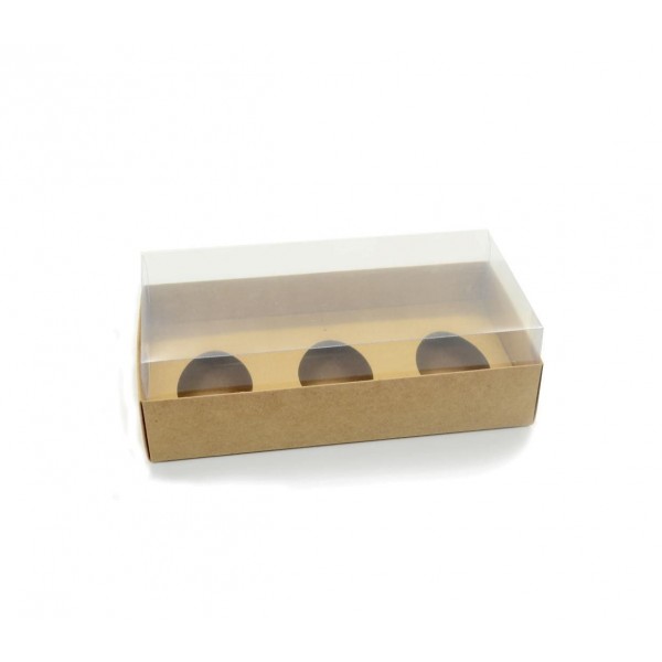 Ref 005 Kraft - Caixa Ovo Triplo 100/150 gr. c/ tampa Transparente ALTA - 25x13x7,5 cm