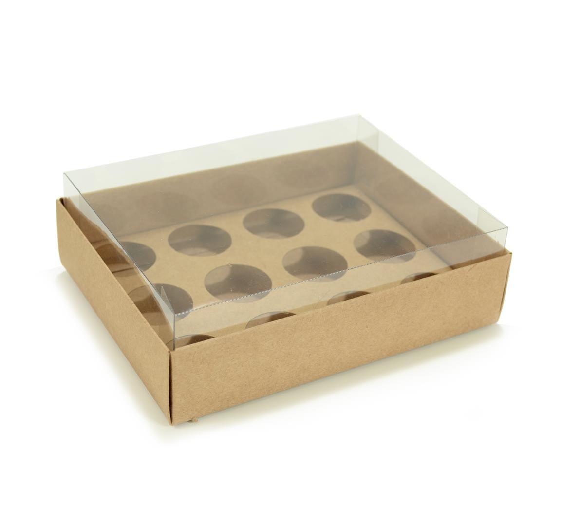Ref 043 Kraft - Caixa p/ 12 Brigadeiro Gourmet Nº4 - c/ tampa transparente ALTA - 17x13x5,2 cm