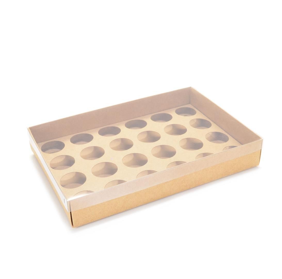 Ref 049 Kraft - Caixa p/ 24 Brigadeiro Gourmet Nº4 - c/ tampa transparente BAIXA - 25x17x4 cm