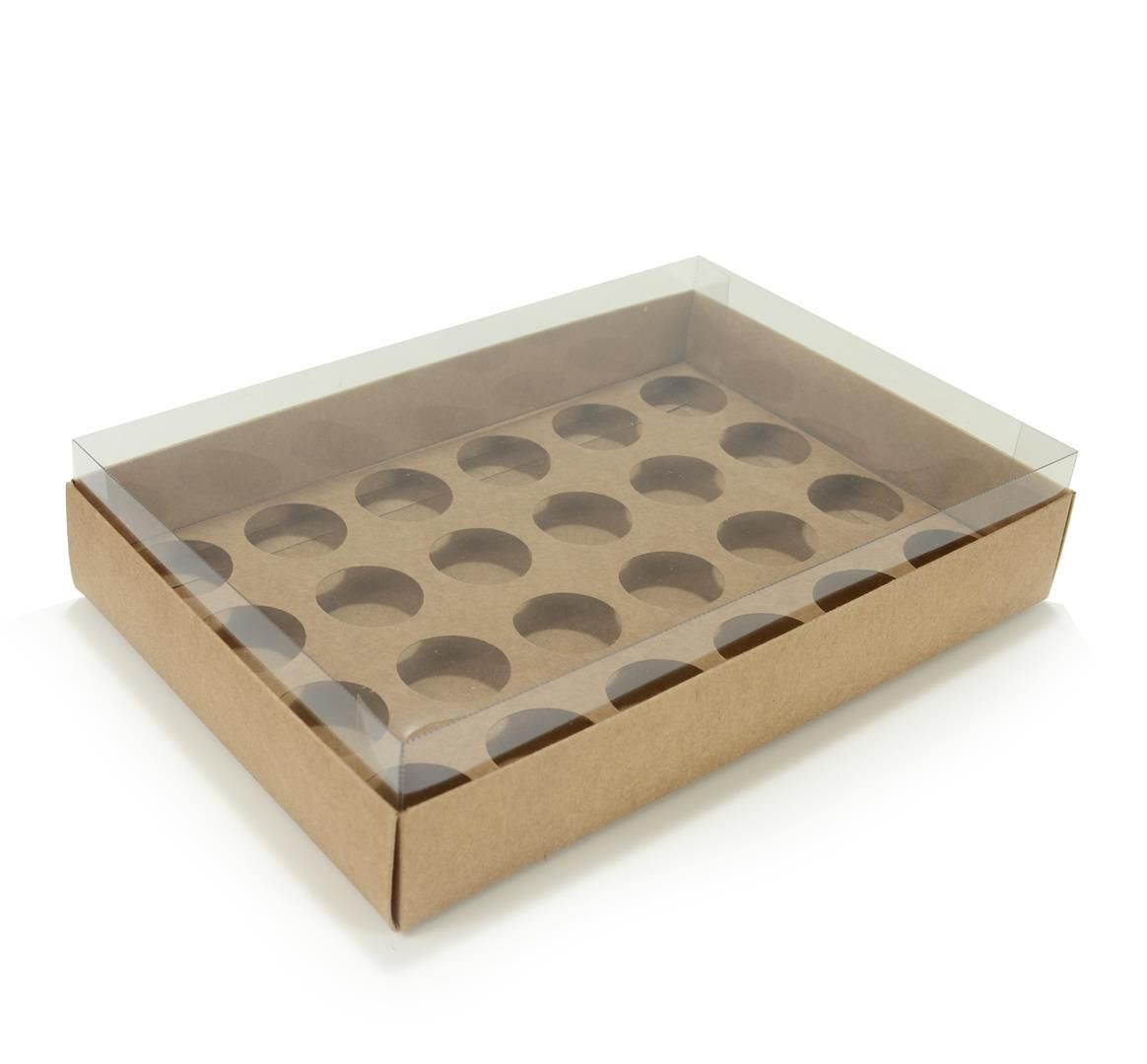 Ref 049 Kraft - Caixa p/ 24 Brigadeiro Gourmet Nº4 - c/ tampa transparente ALTA - 25x17x5,2 cm