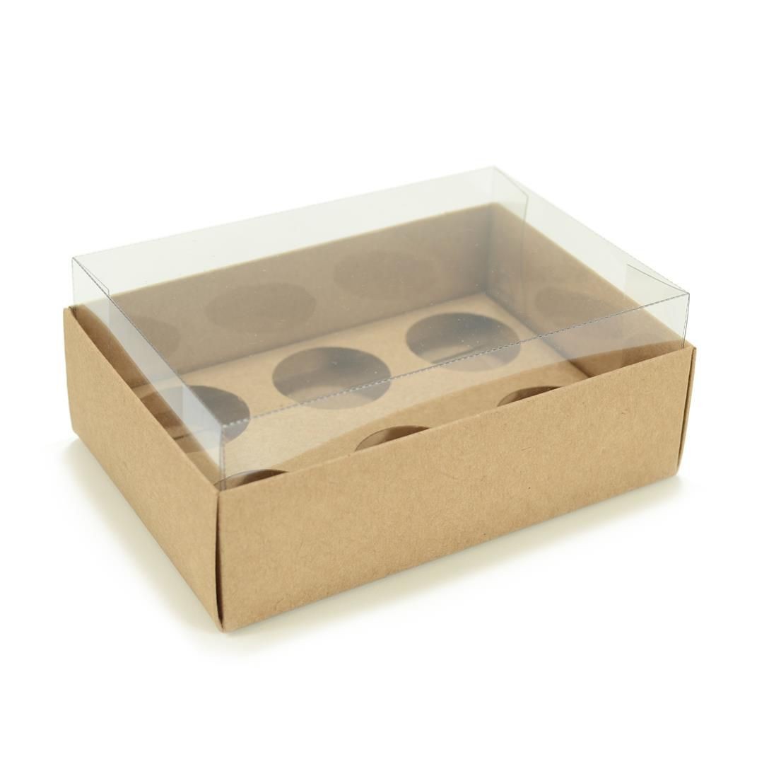 Ref 019 Kraft - Caixa p/ 6 Brigadeiro Gourmet Nº4 - c/ tampa transparente ALTA - 13x9x5,2 cm