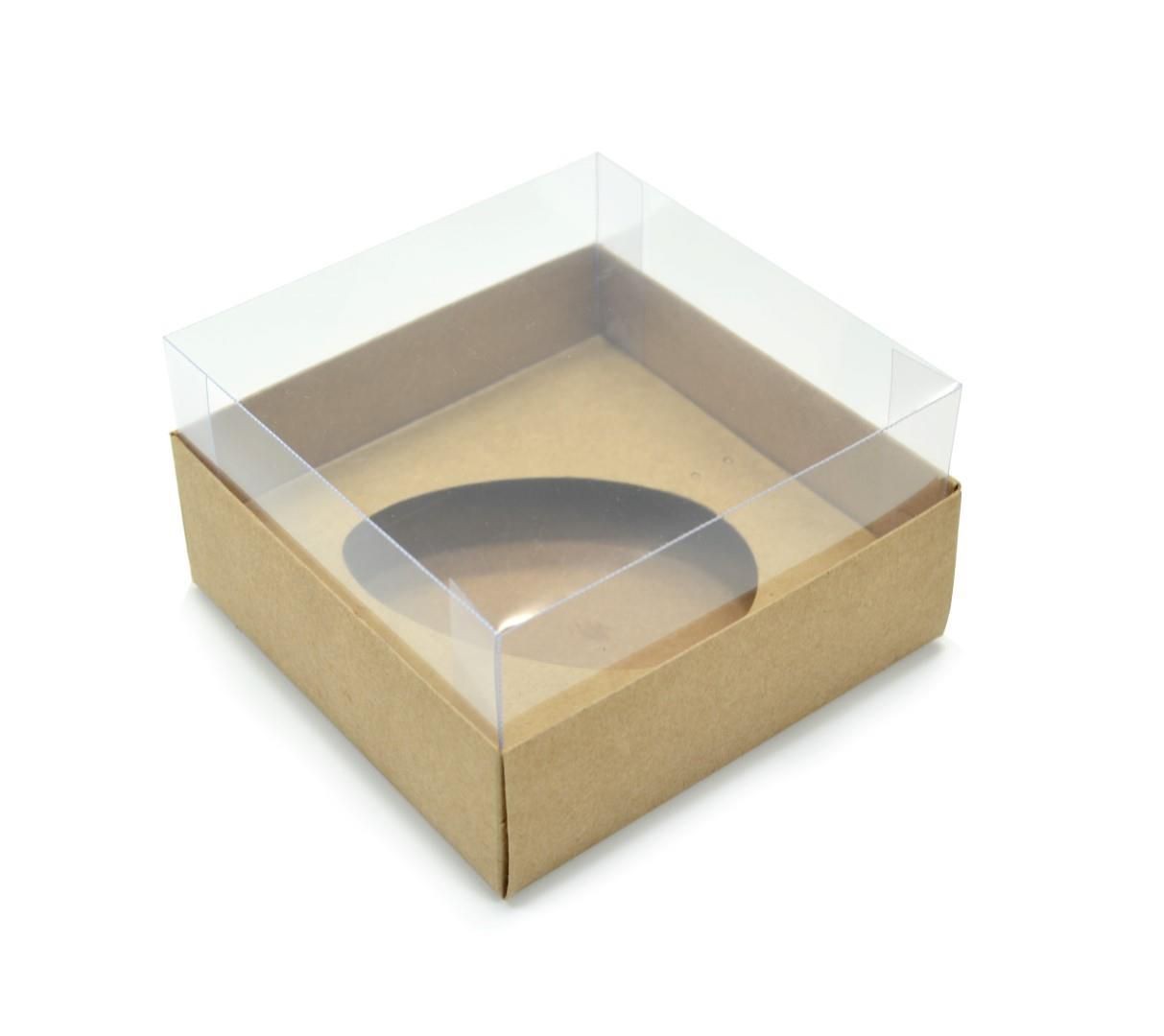 Ref 003 Kraft - Caixa Ovo Virado 250gr. c/ tampa Transparente ALTA - 14x14x6 cm