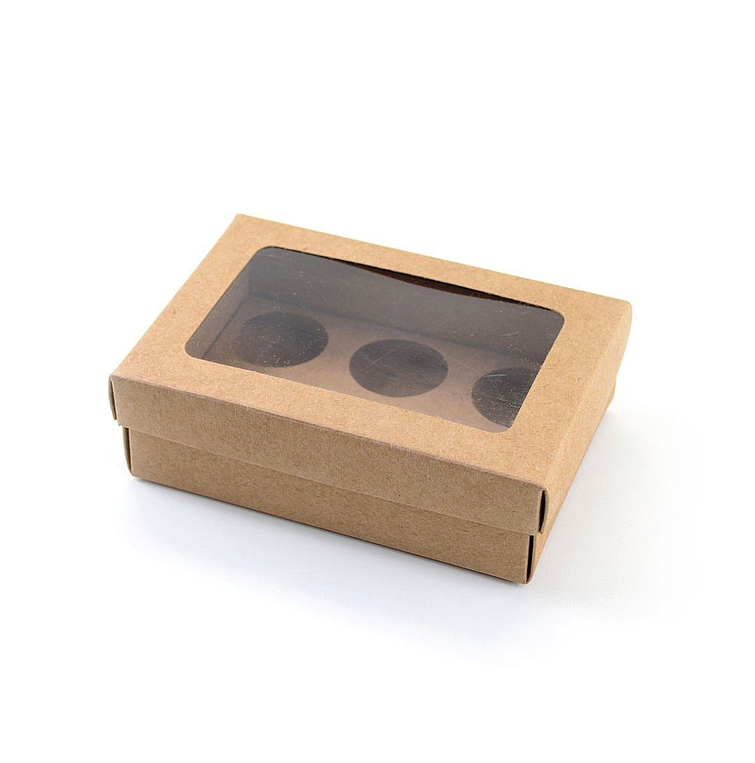 Ref 019 Kraft - Caixa p/ 6 Brigadeiro Gourmet Nº4 - c/ visor na tampa - 13x9x4 cm
