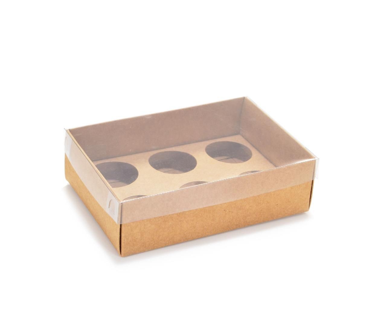 Ref 019 Kraft - Caixa p/ 6 Brigadeiro Gourmet Nº4 - c/ tampa transparente BAIXA - 13x9x4 cm
