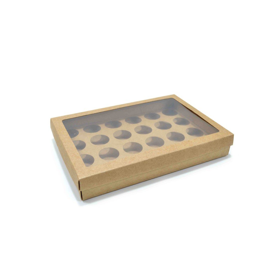 Ref 049 Kraft - Caixa p/ 24 Brigadeiro Gourmet Nº4 - c/ visor na tampa - 25x17x4 cm