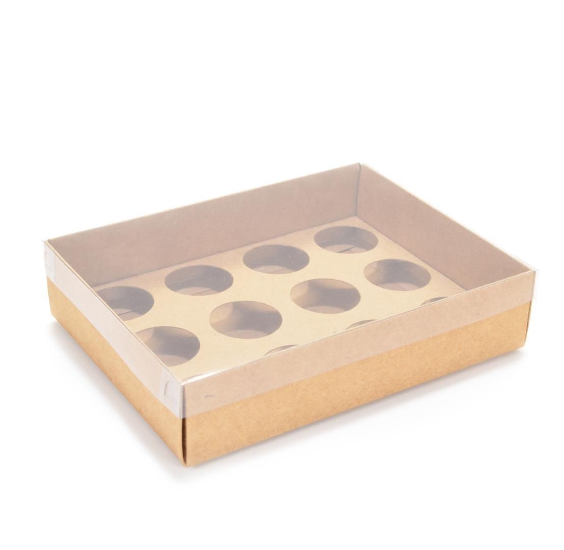 Ref 043 Kraft - Caixa p/ 12 Brigadeiro Gourmet Nº4 - c/ tampa transparente BAIXA - 17x13x4 cm